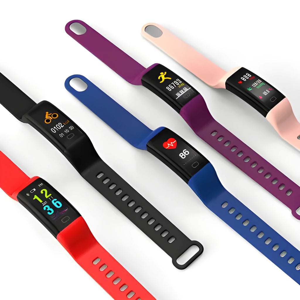 Big screen smart fitness band with OLED display showing stats, on wrist with interchangeable coloured strap options