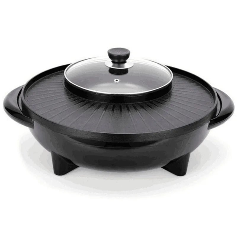 Black Korean-style shabu-shabu electric grill with aluminium alloy inner pot and wave plate baking tray