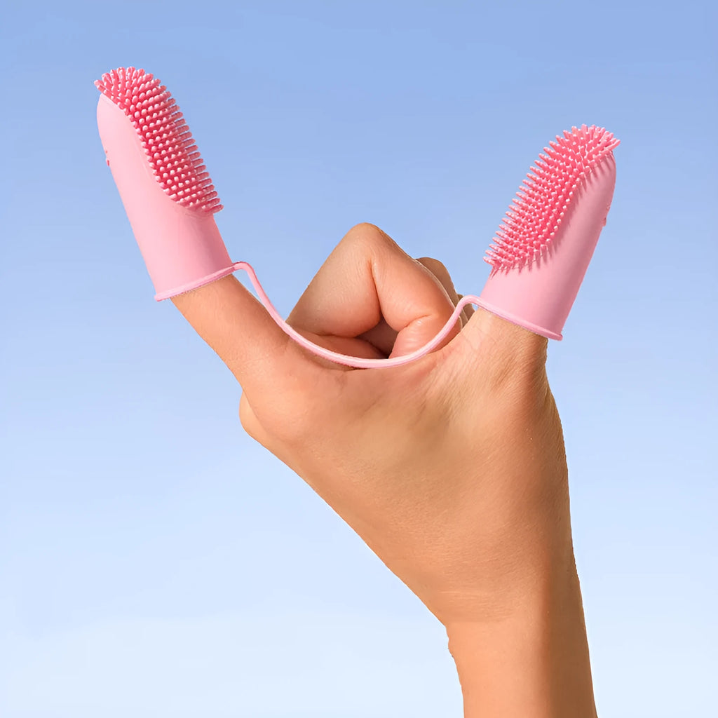 TPR pet dental finger brush set in pink, blue green, and grass yellow colours for dog and cat teeth cleaning