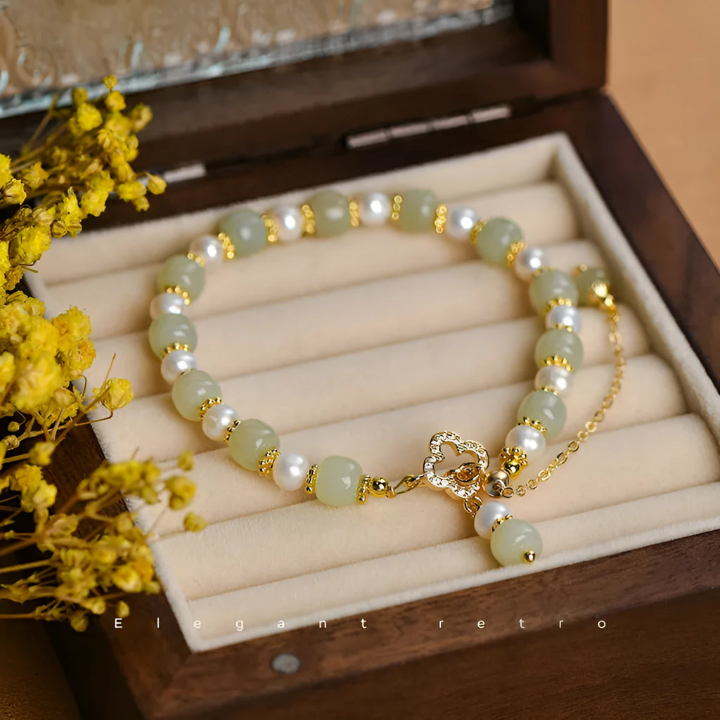 Natural Hetian Jade women's bracelet with pearl pendant and gold electroplated Chinese style design