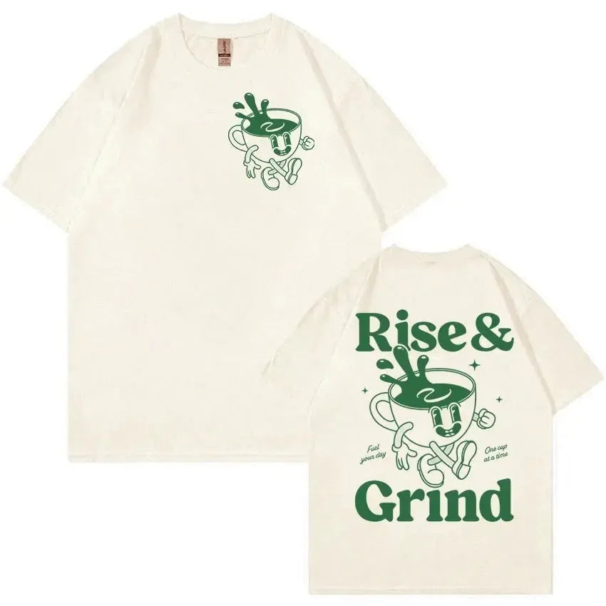 Rise And Grind Green Coffee fun expression printed on a loose-fit linen blend cartoon t-shirt.