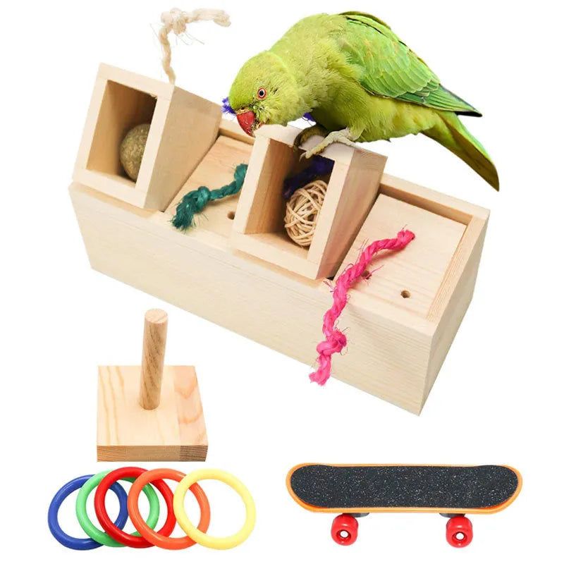 Wooden parrot puzzle training toy set shown in 3-piece, 6-piece, and 8-piece suit options for bird enrichment.