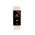 Big screen smart fitness band with OLED display showing stats, on wrist with interchangeable coloured strap options