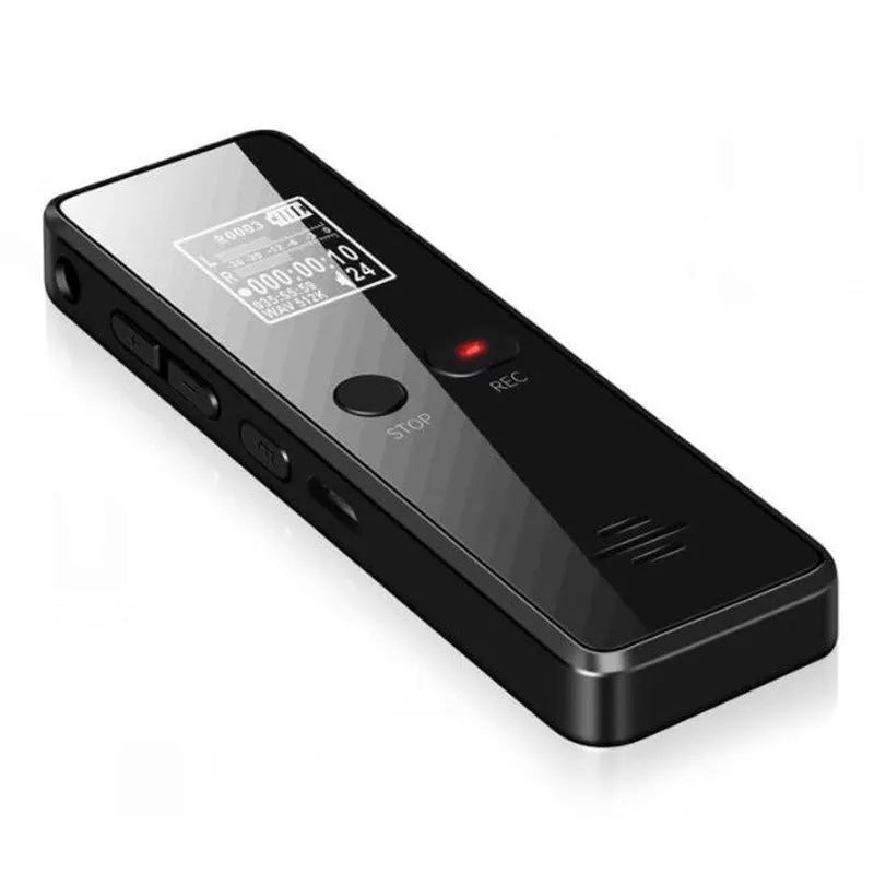 Black zinc alloy USB voice recorder MP3 player with LCD screen showing recording time