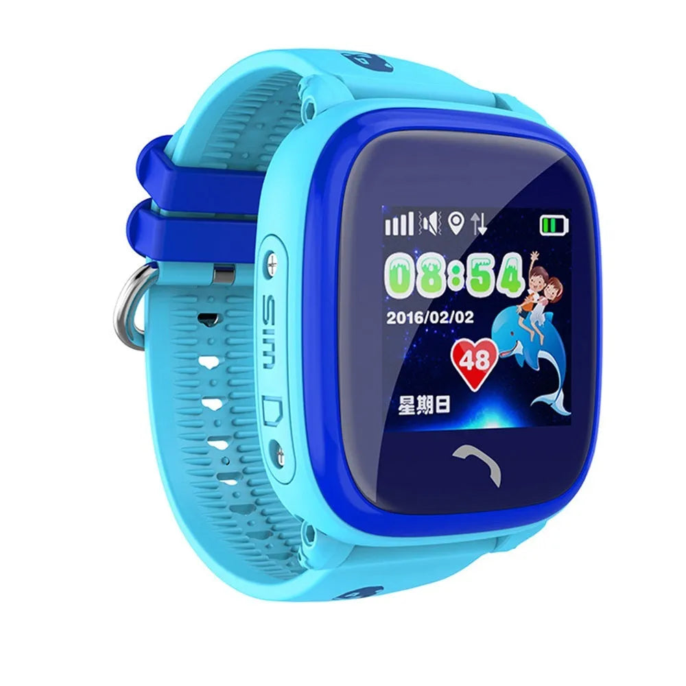 Blue and purple children's waterproof smart watch with touch screen on a silicone wristband.