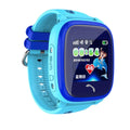 Blue and purple children's waterproof smart watch with touch screen on a silicone wristband.
