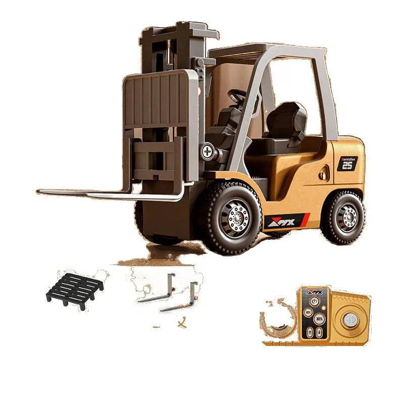Blue alloy remote control forklift toy on wooden pallet with cargo accessories