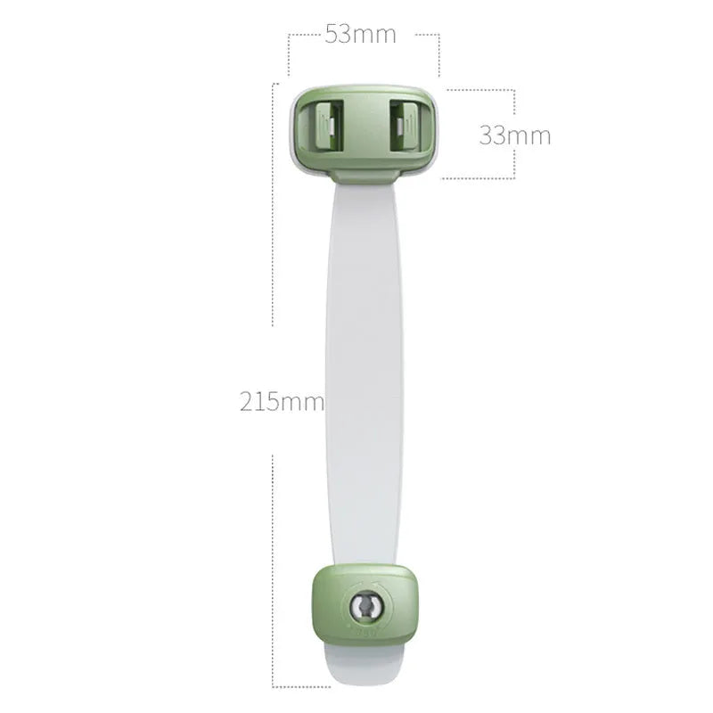Adjustable child safety strap lock for cabinets and drawers in grey or green