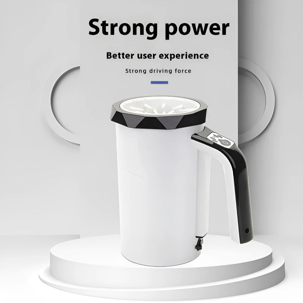 Automatic dog foot washing machine with silicone cup in white and black colour option showing USB charging port