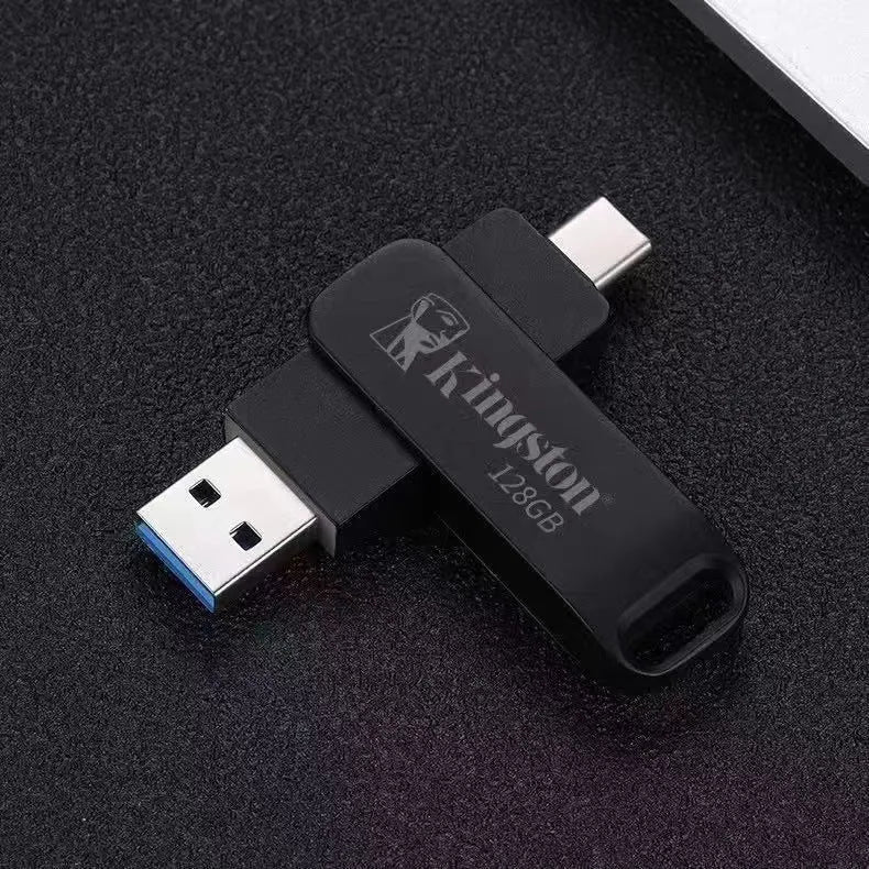Silver rotating metal USB flash drive showing both USB and Type-C connectors