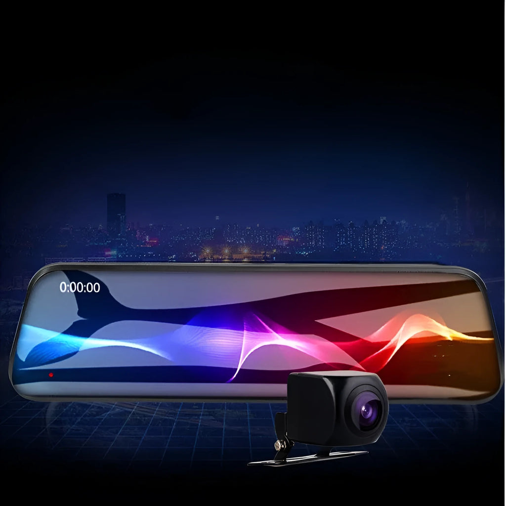 10-inch full screen car dash cam with front and rear cameras on a car windscreen