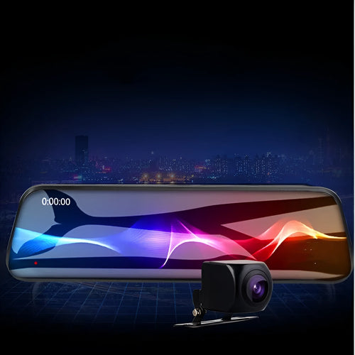 10-inch full screen car dash cam with front and rear cameras on a car windscreen
