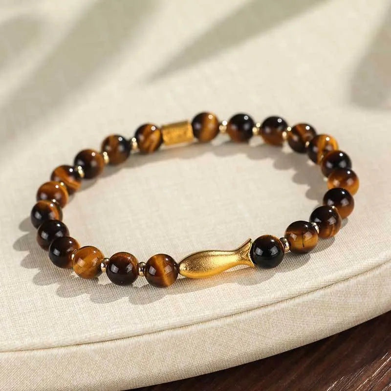 Handmade yellow tiger eye bracelet with small fish charm bead for women
