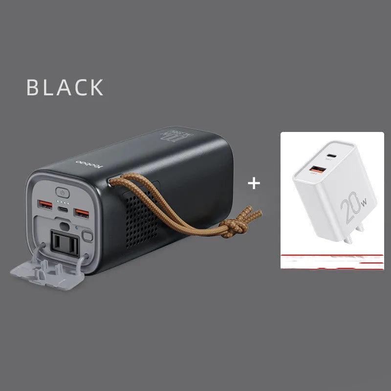Black portable power bank with 20000mAh battery capacity and solar charging panel