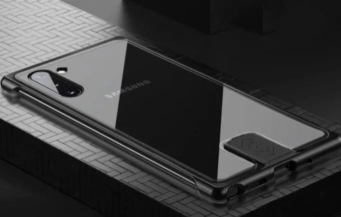 Transparent glass phone case with metal frame for Samsung Note10, Note10 Plus, S20 Ultra, black frame colour