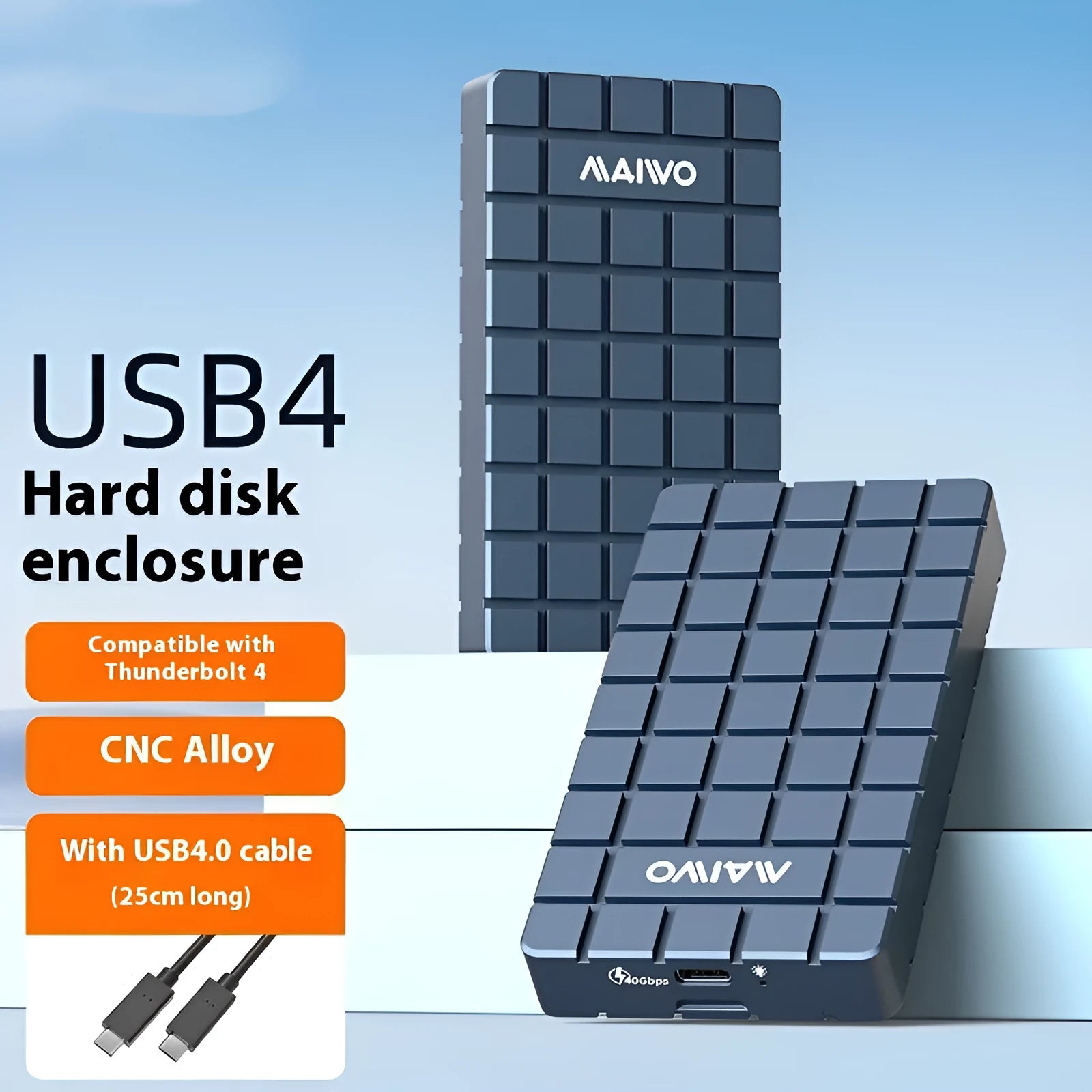 USB4 aluminium hard disk enclosure for M.2 NVMe SSDs measuring 50x118x13mm with 40Gbps transfer speed