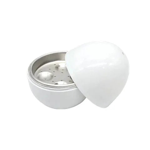 White microwave egg cooker steamer for boiling up to 4 eggs, made from food grade plastic and aluminium.