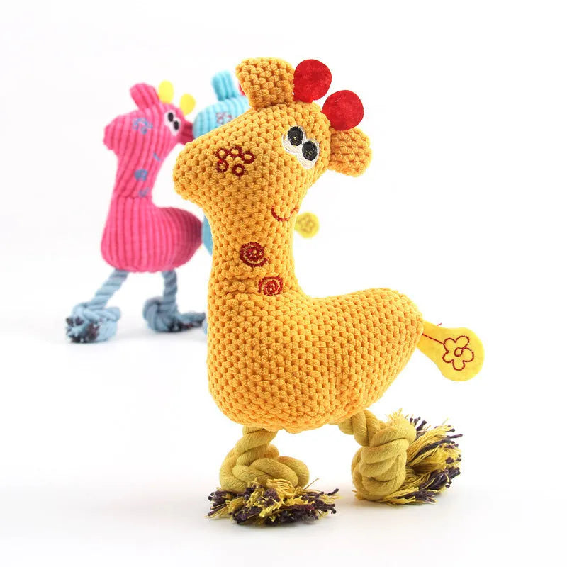 Blue deer-shaped plush pet toy with corn grain texture and squeaker sound feature