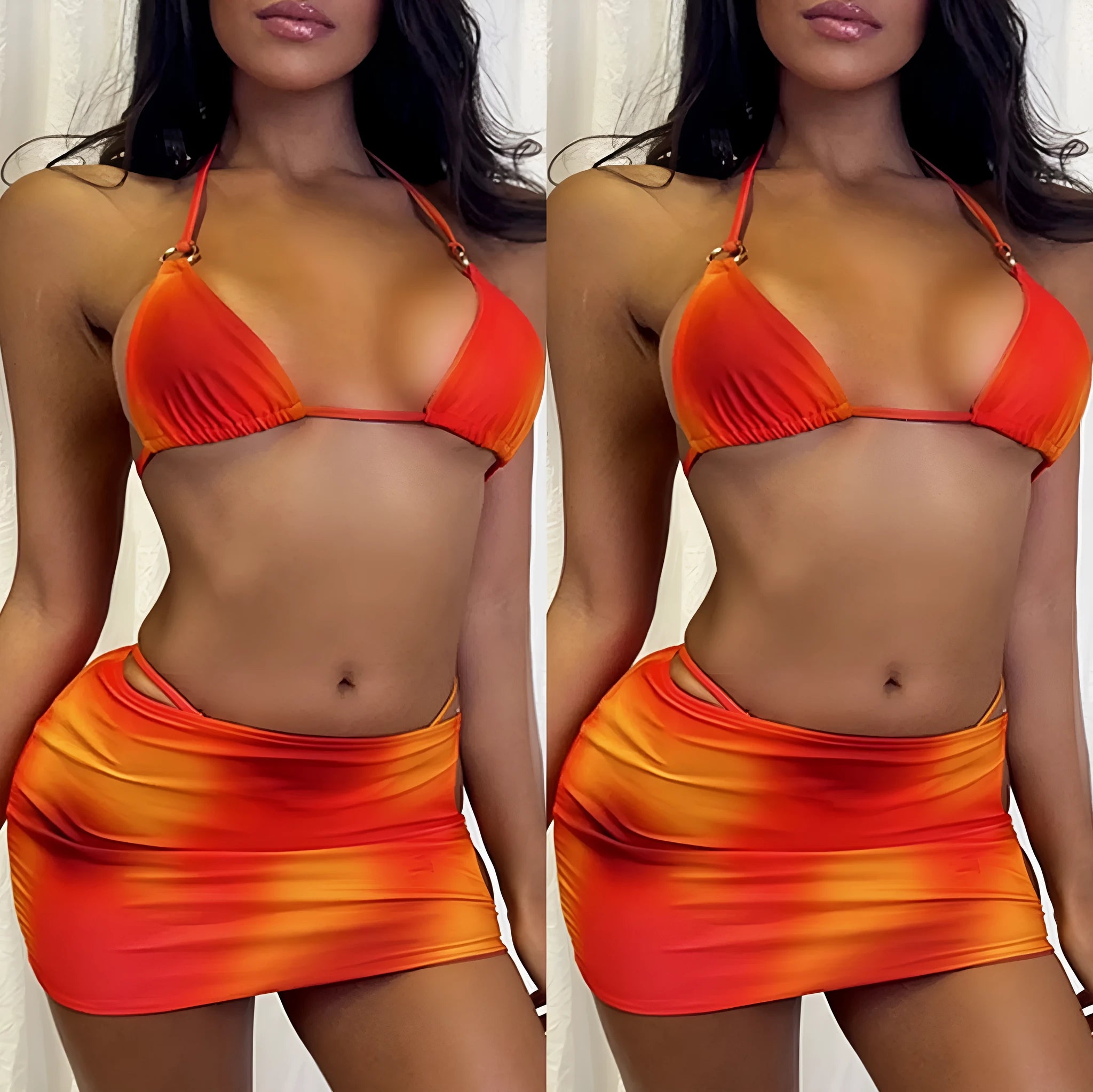 Tie-dye gradient halter bikini three-piece swimsuit set with skirt on a white background