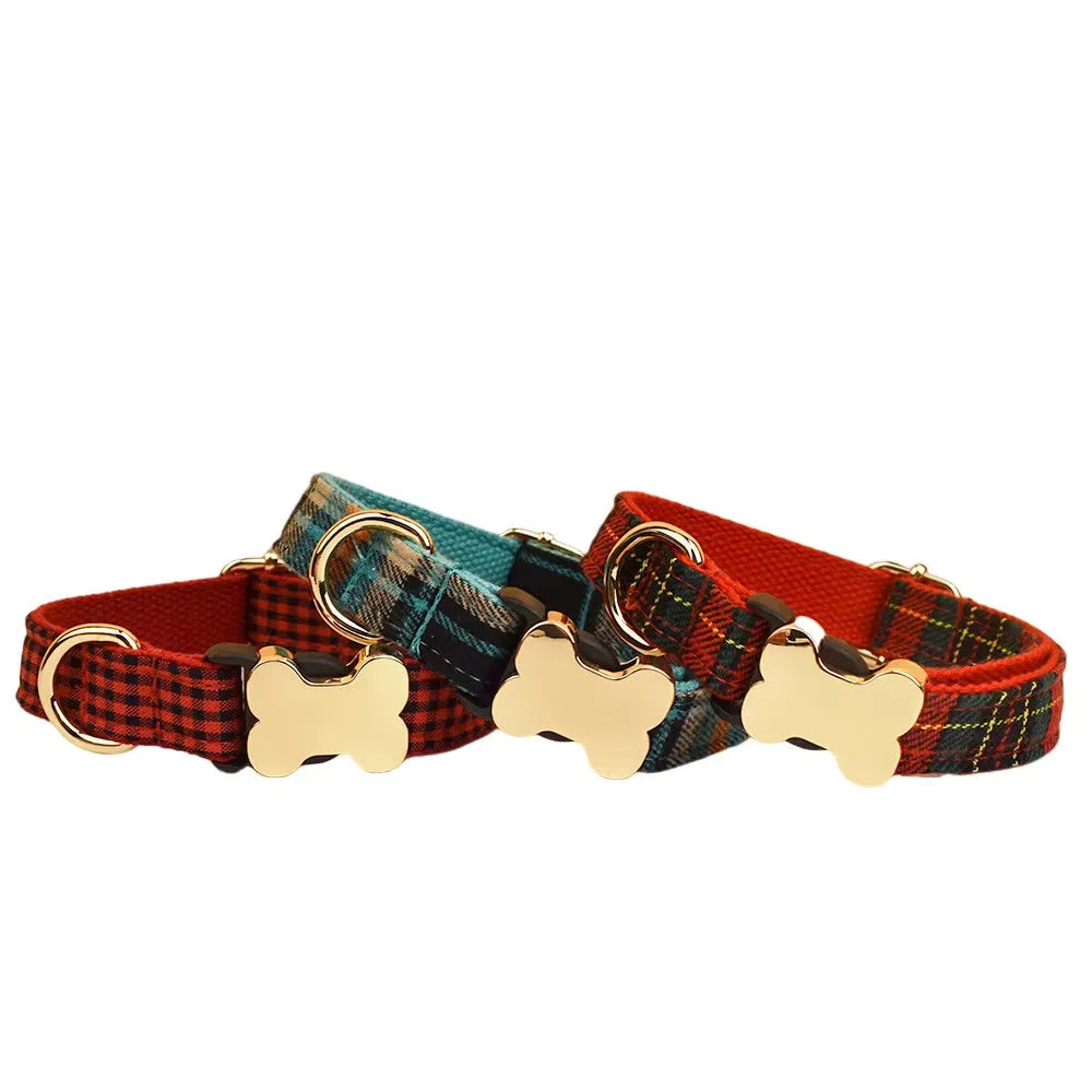 Flat fabric dog collar with bone buckle and printed grid pattern in multiple colour options