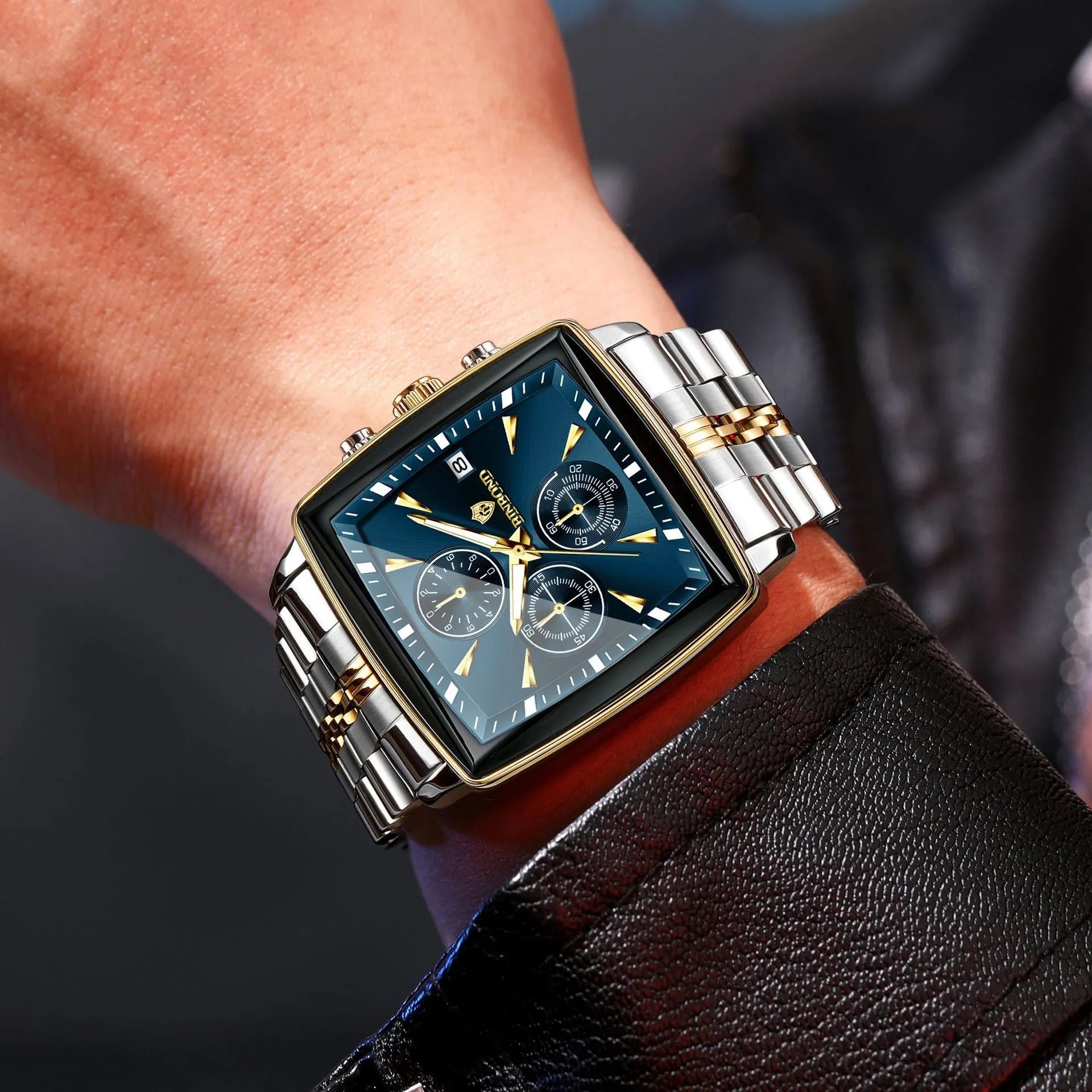 Men's rectangular stainless steel business watch with luminous hands and waterproof quartz movement