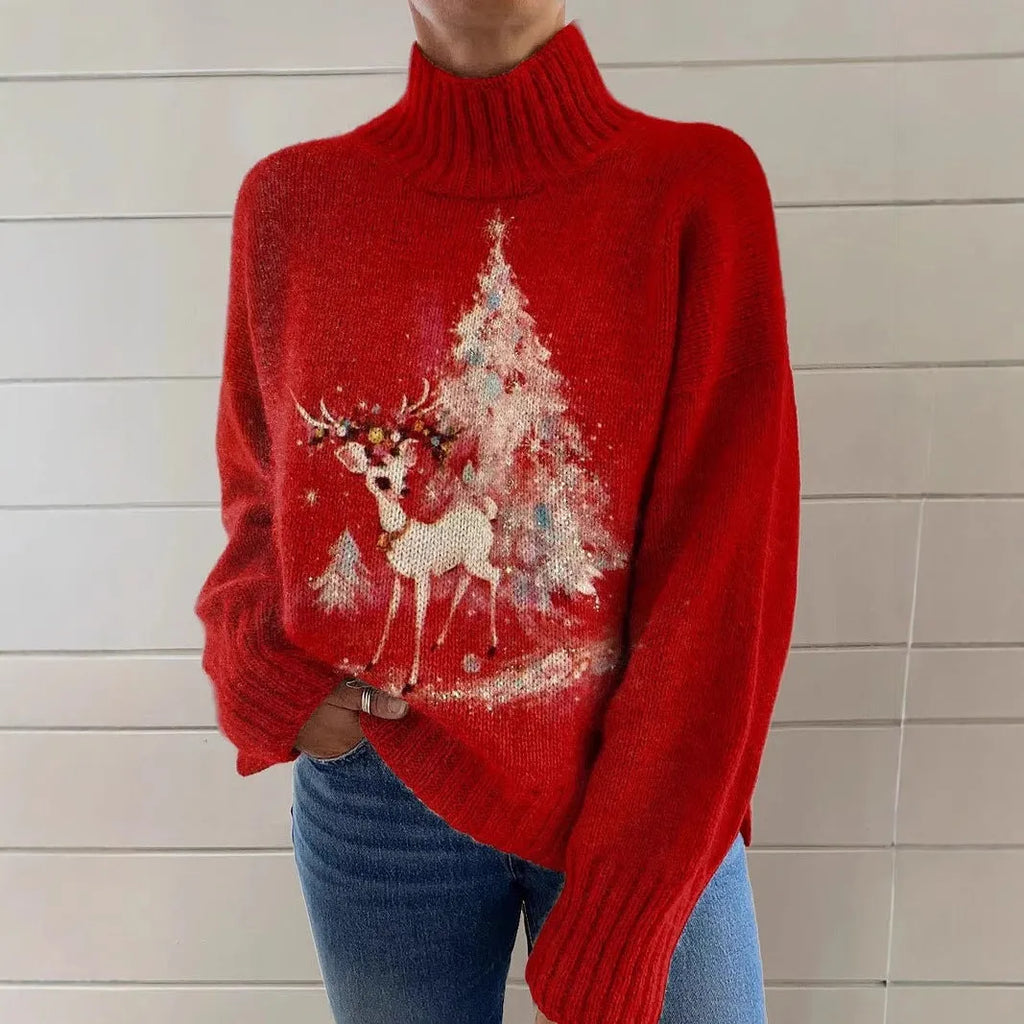 Women's loose fit Christmas printed turtleneck sweater in a macaron colour with a painting pattern design.