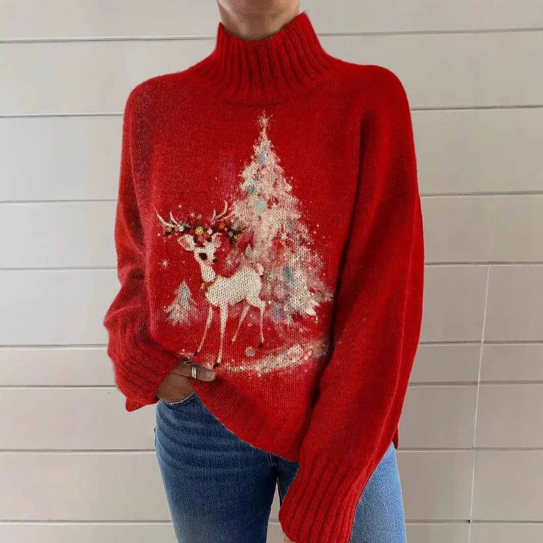 Women's loose fit Christmas printed turtleneck sweater in a macaron colour with a painting pattern design.