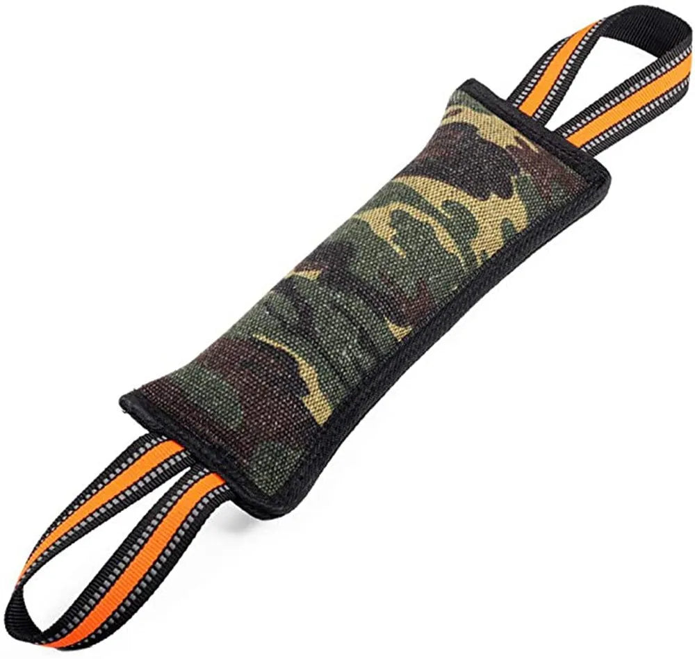 A long, yellow-edged jute dog bite stick with reflective material, measuring about 55cm in length.