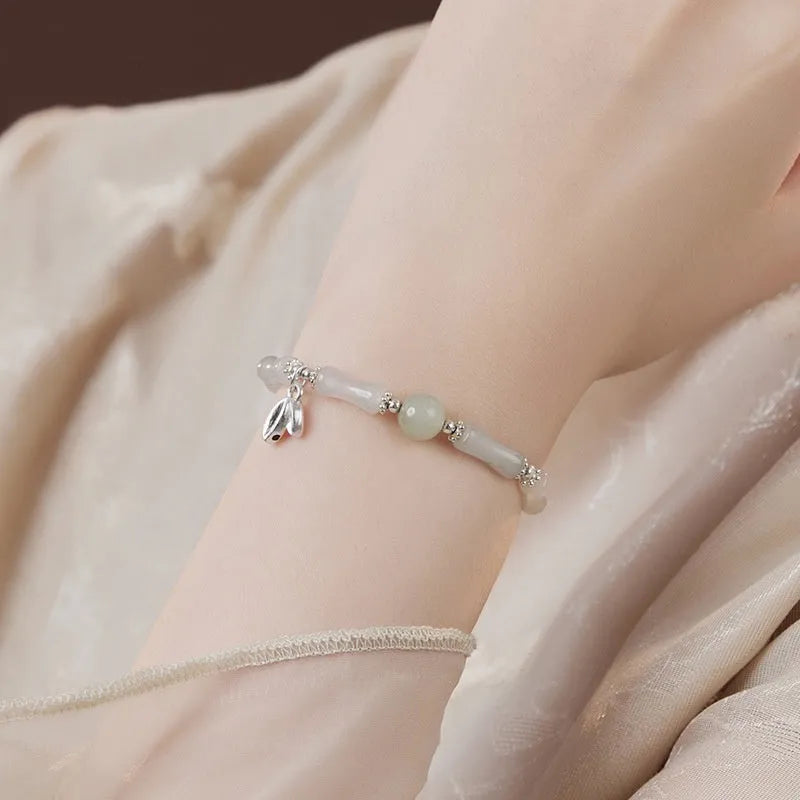 Antique sterling silver bracelet with natural Tianshan green bamboo segments for women