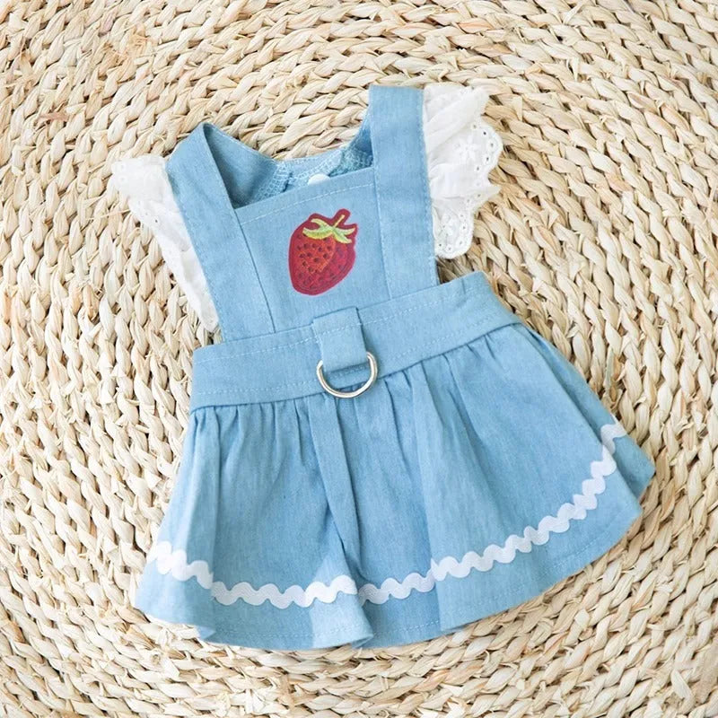 Bondi Blue denim dog skirt with strawberry embroidery on model dog
