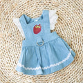 Bondi Blue denim dog skirt with strawberry embroidery on model dog