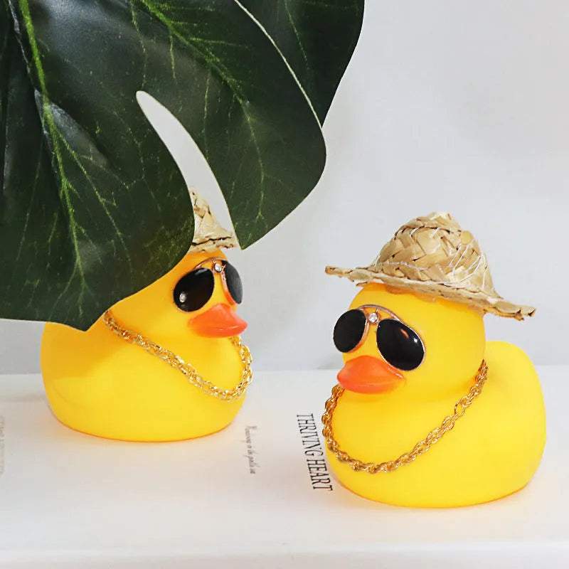 Yellow duck wearing straw hat car dashboard ornament with adhesive gel and sunglasses accessory