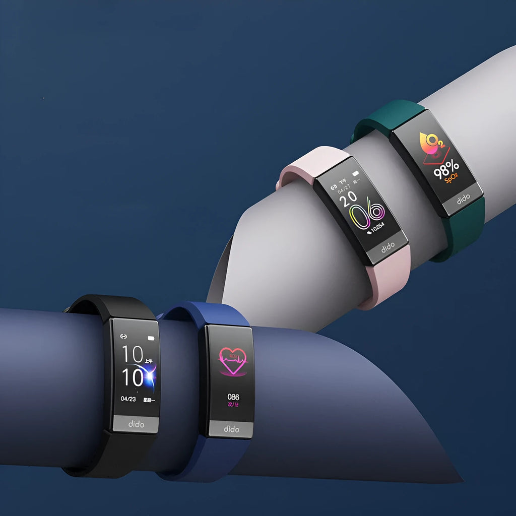 Smart bracelet on wrist showing blood pressure and ECG monitoring on its 1.1-inch screen.
