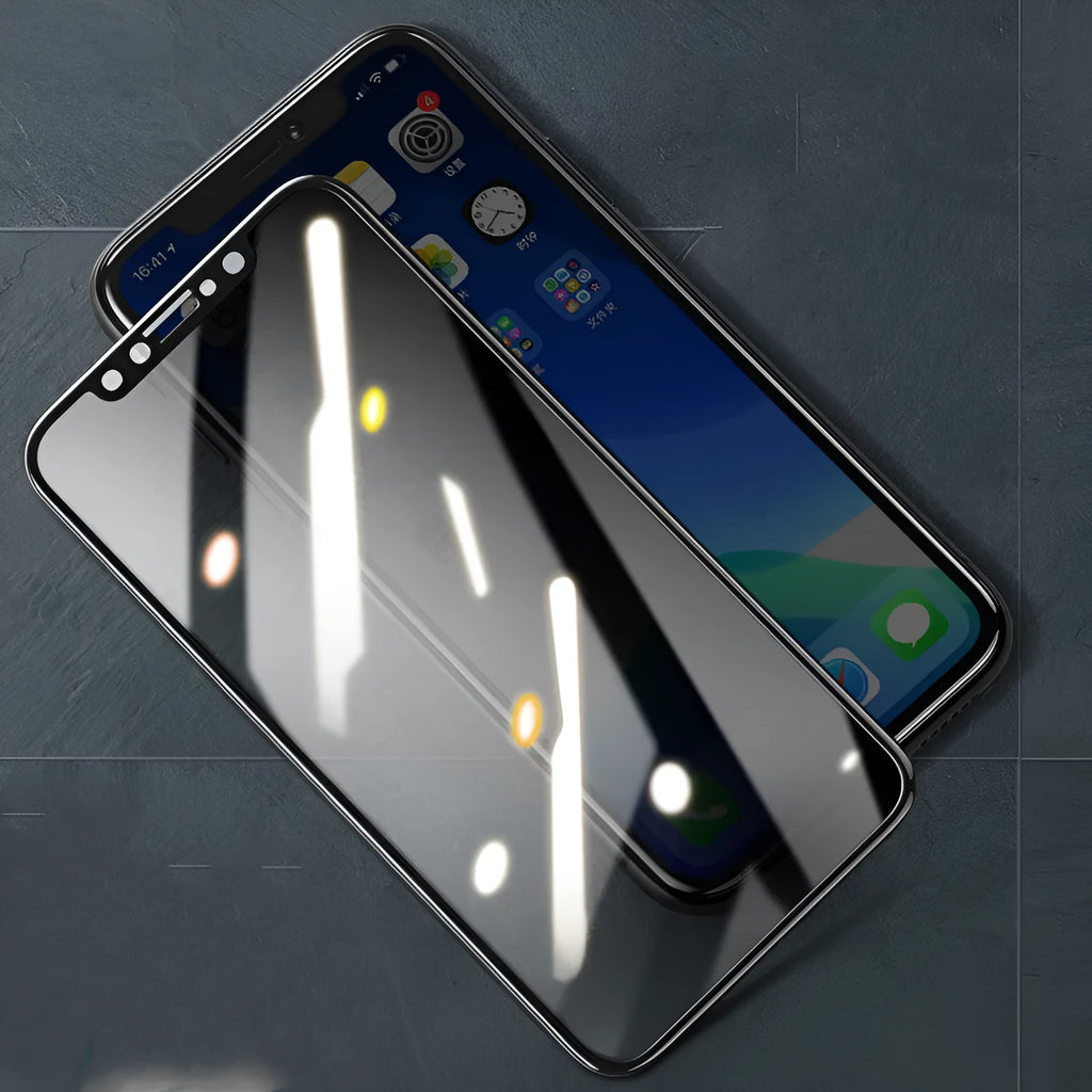 Tempered glass screen protector for Apple iPhone models on a clean surface.