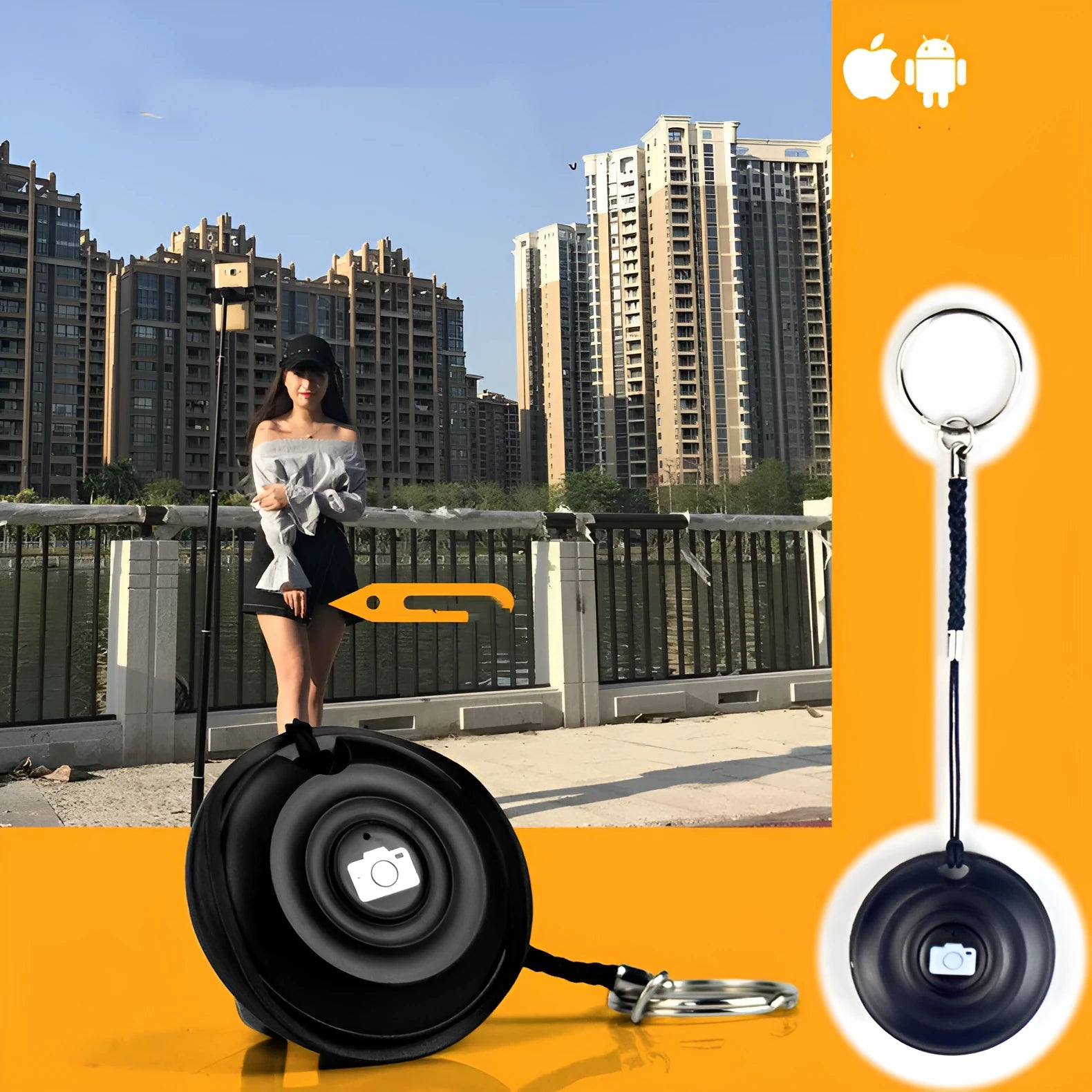 Black Bluetooth remote control for smartphone selfies and camera shutter.