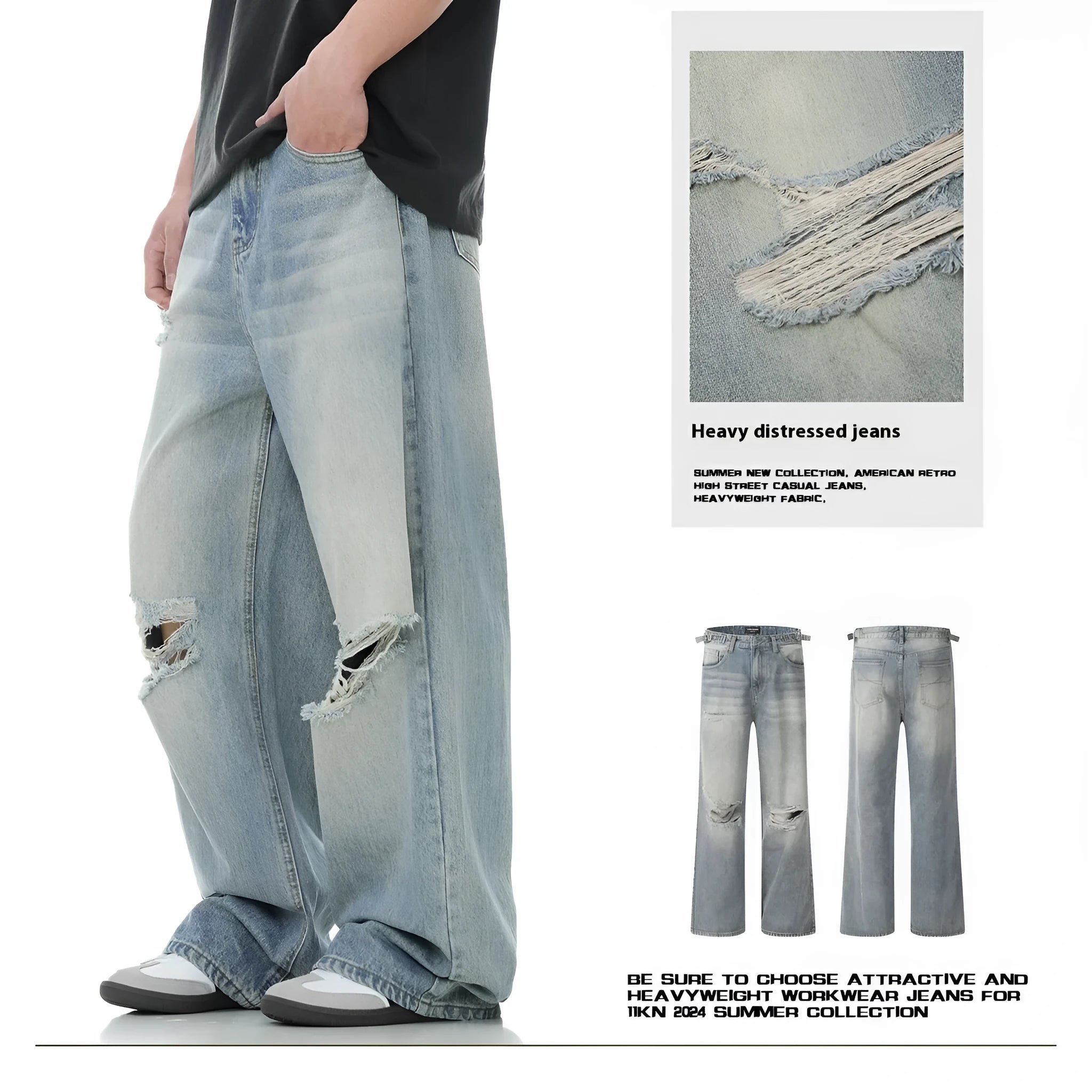 Blue retro-style men's straight-leg jeans with distressed detailing on a solid background