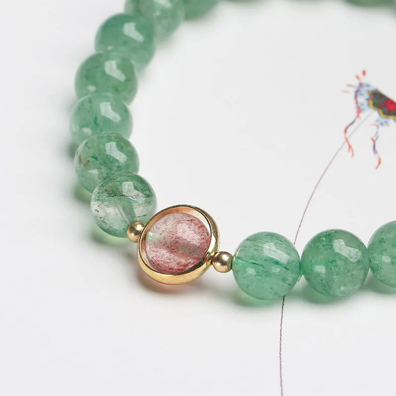 Green strawberry quartz women's bracelet with 7.5mm spherical beads and Chinese auspicious patterns in hand-woven single circle design