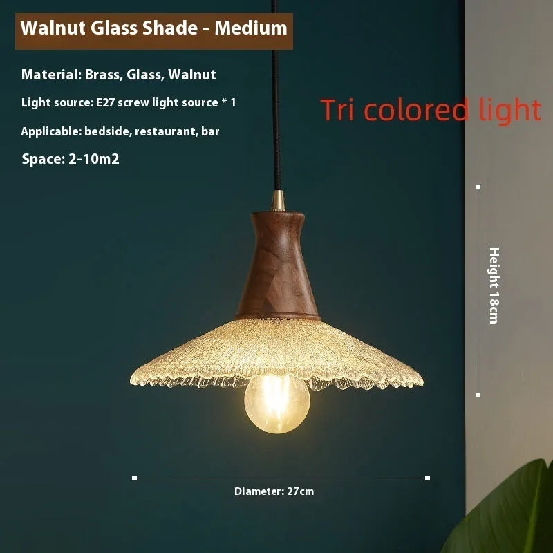 Wood and brass electroplated ceiling lamp with glass shade in three available sizes