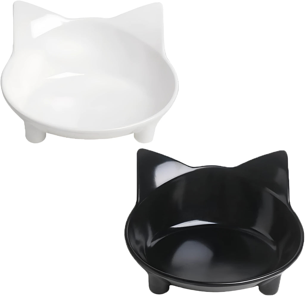 Shallow black cat food bowl with non-slip rubber base for whisker fatigue relief