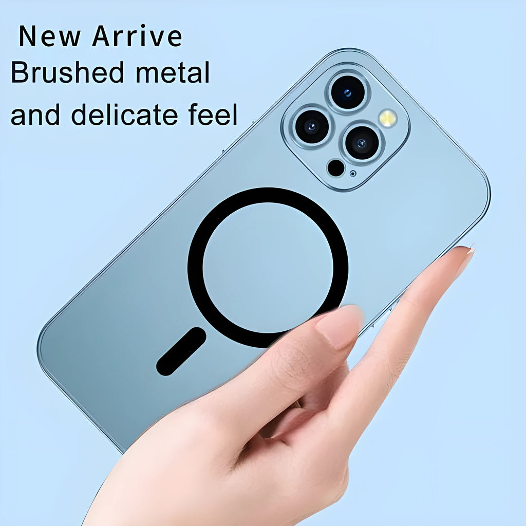 iPhone magnetic phone case with aluminium alloy frame showing lens protection and snap closure