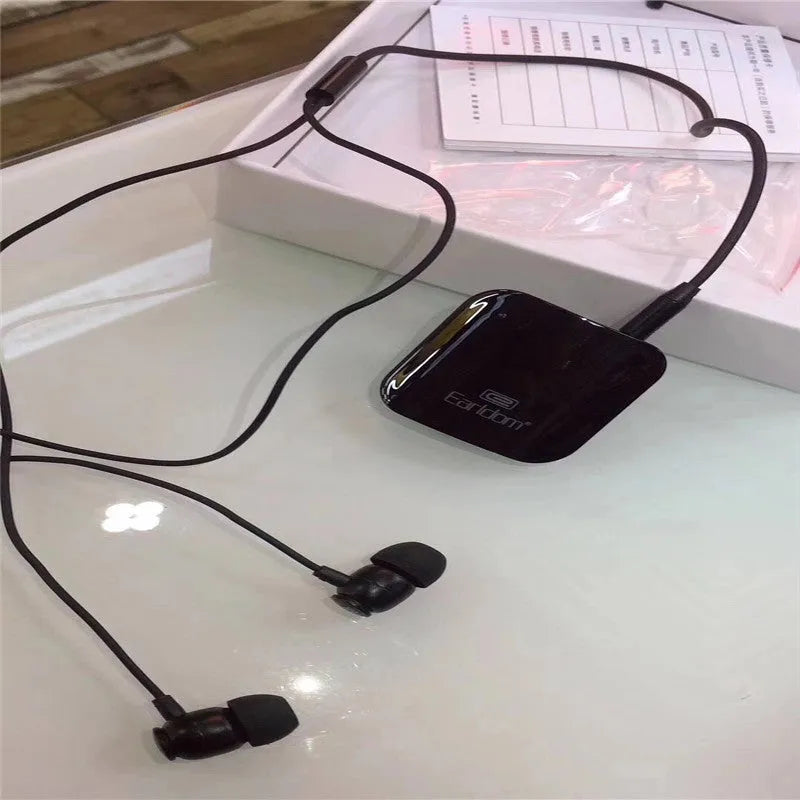 Black Bluetooth audio receiver headphones with lavalier clip for running and hands-free calling