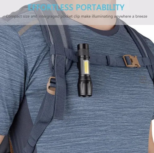 Black mini aluminium telescopic LED flashlight with clip shown extended and collapsed.