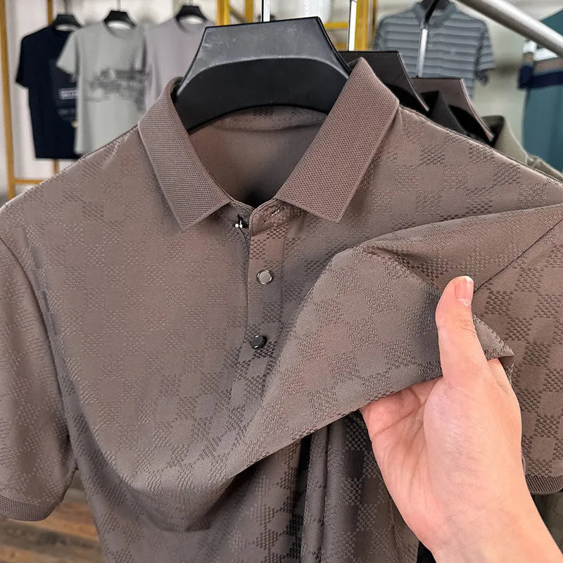 Rhombus brand thin ice silk short sleeve T-shirt for men in black, showing slit hem detail.