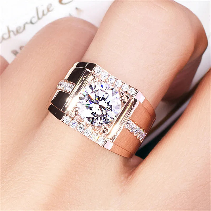 Men's adjustable geometric copper ring with a diamond zircon stone in rose gold electroplated finish.