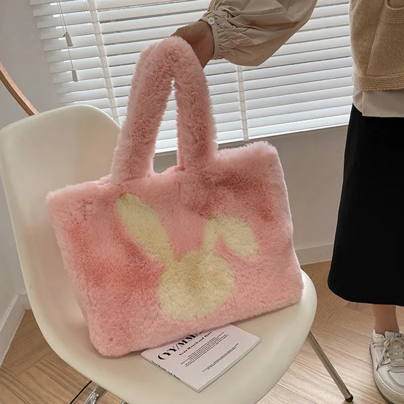 Cartoon rabbit ears plush shoulder bag in solid colour with large shopping capacity