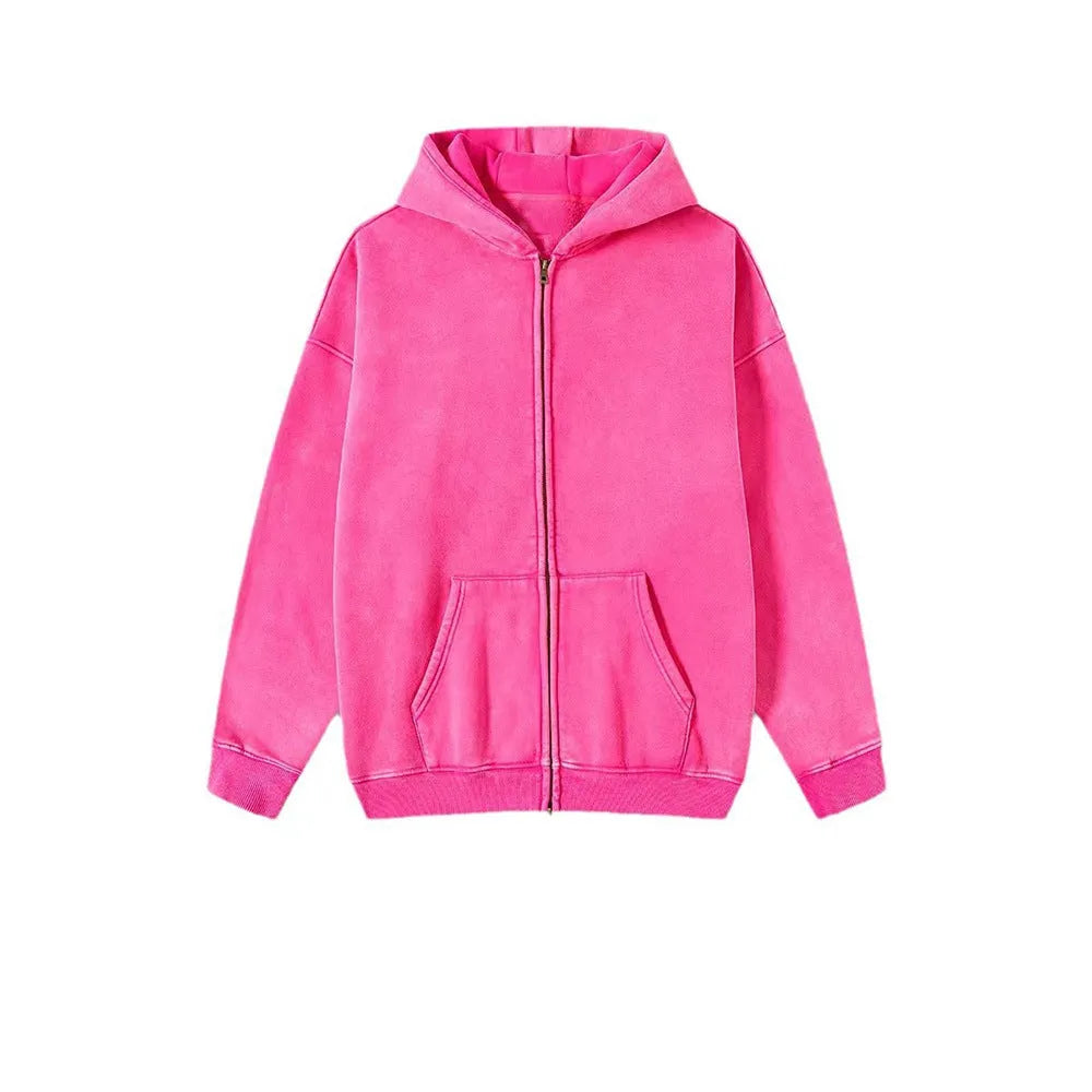 Men's vintage washed-colour hooded cardigan sweater with a double zipper and fleece lining.