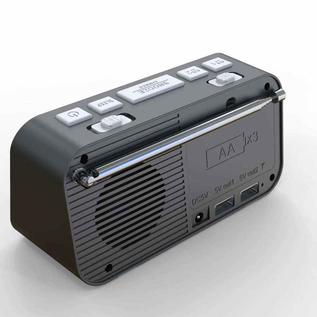 Black DAB bedside alarm clock with large LED display, upgrade pig tail antenna, and side USB ports.