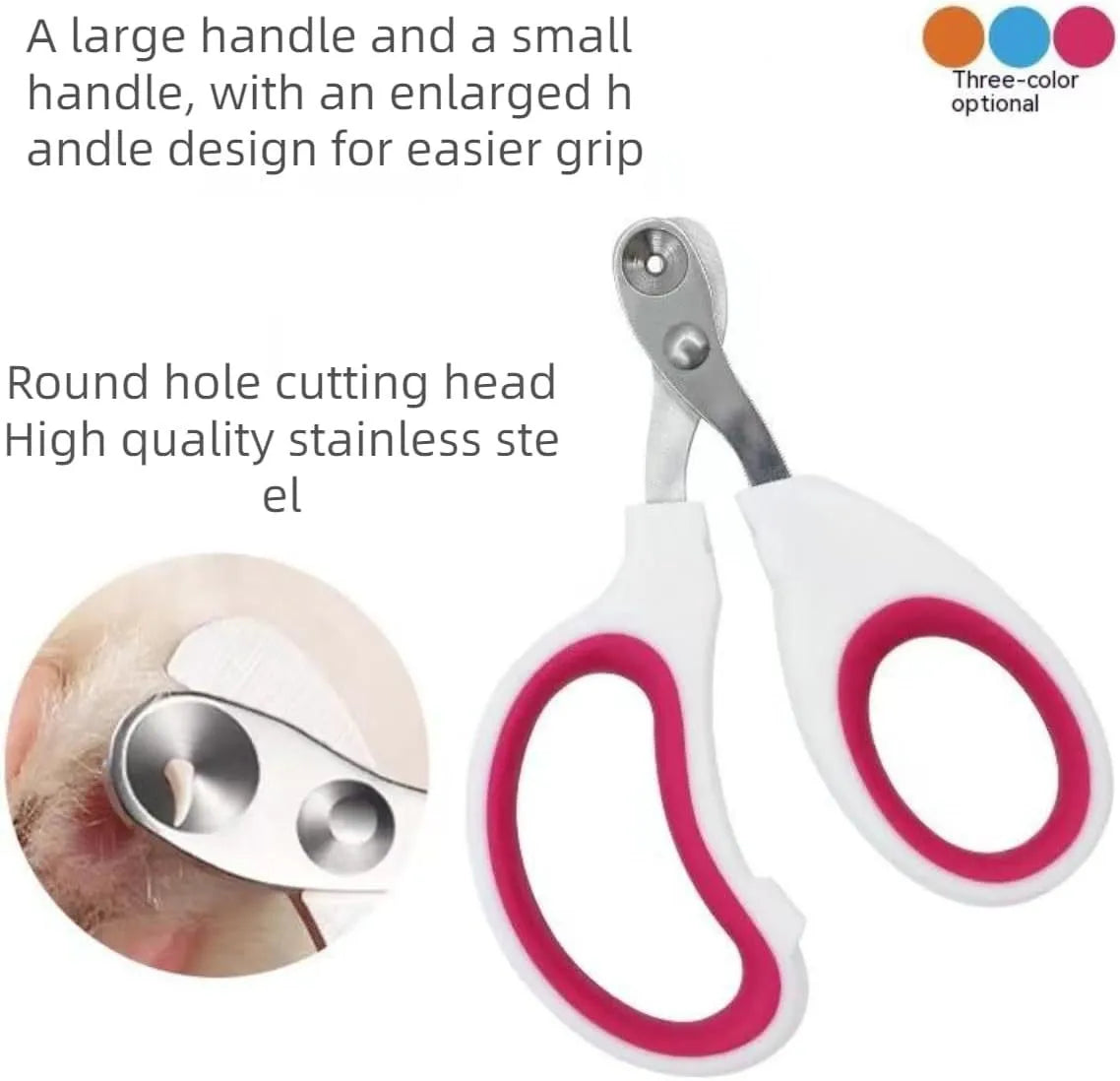 Blue pet nail clippers with a circular hole for the nail, showing the stainless steel blades and cushioned handles.
