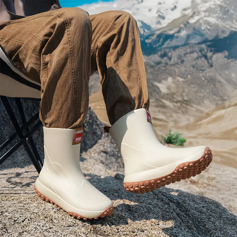 Men's PVC rain boots in black red colour with round toe and non-slip sole