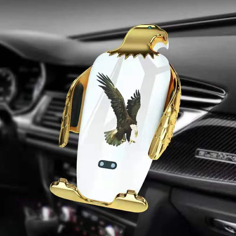 Car phone holder with wireless charging base and suction cup mount in Eagle style